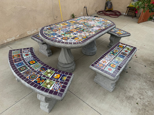 Oblong Concrete Table Set Garnished in Talavera Tile